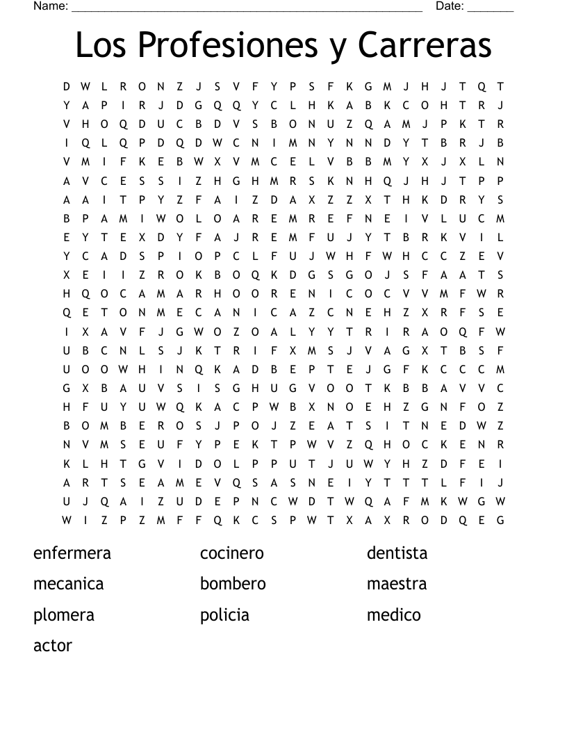 Los Profesiones y Carreras Word Search