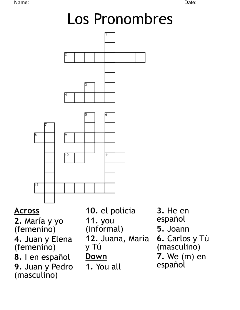 Los Pronombres Crossword