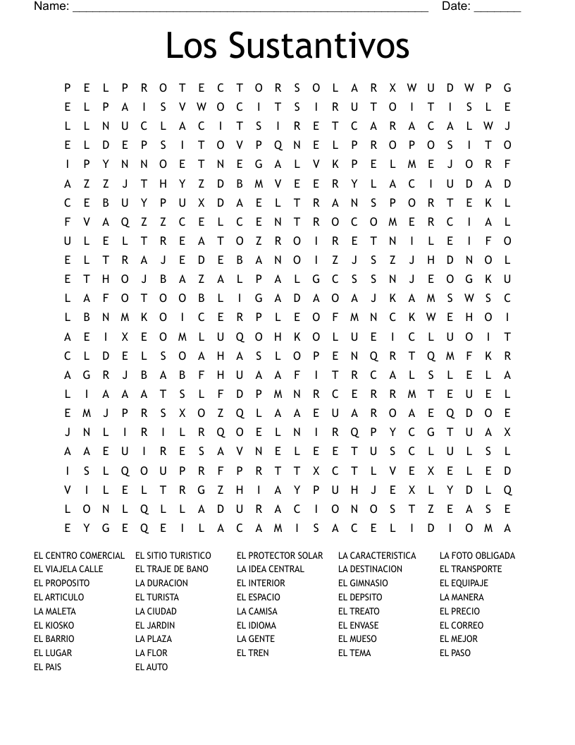 Los Sustantivos Word Search