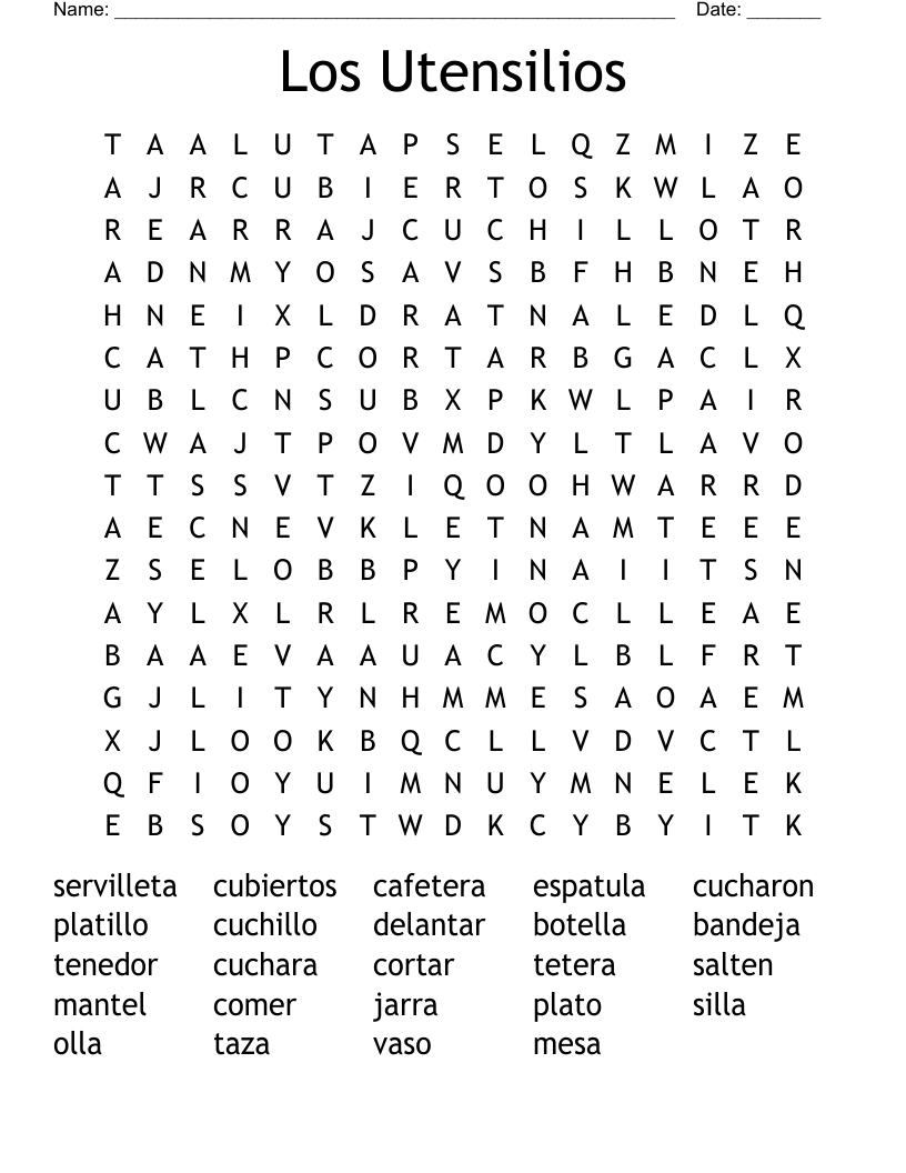 Los Utensilios Word Search