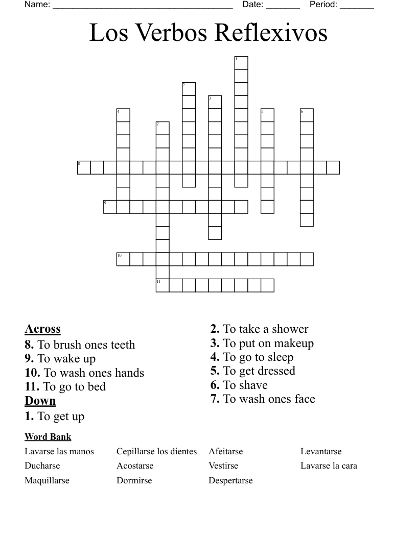Los Verbos Reflexivos Crossword