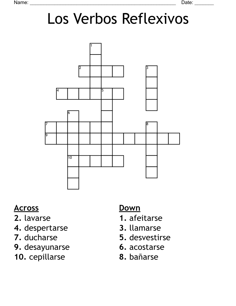 Los Verbos Reflexivos Crossword