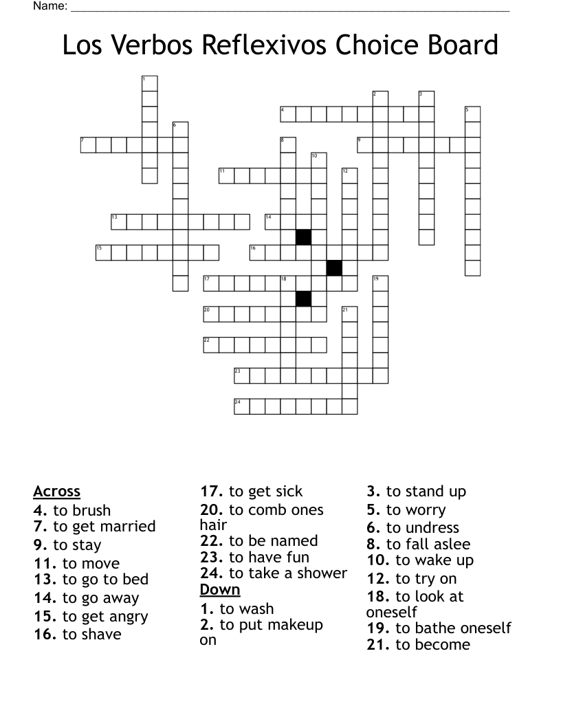 Los Verbos Reflexivos Choice Board  Crossword