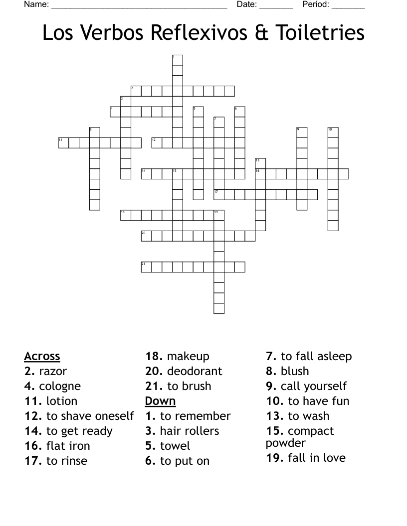 Los Verbos Reflexivos & Toiletries Crossword