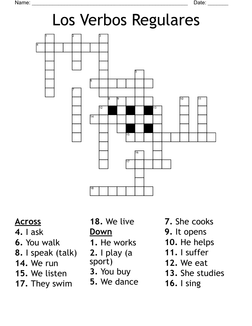 Los Verbos Regulares Crossword