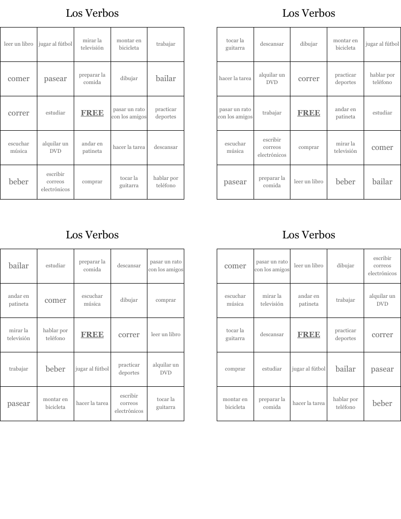 Los Verbos  Bingo Cards