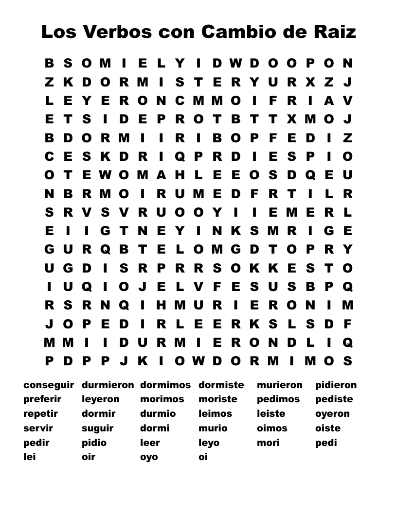 Los Verbos con Cambio de Raiz Word Search