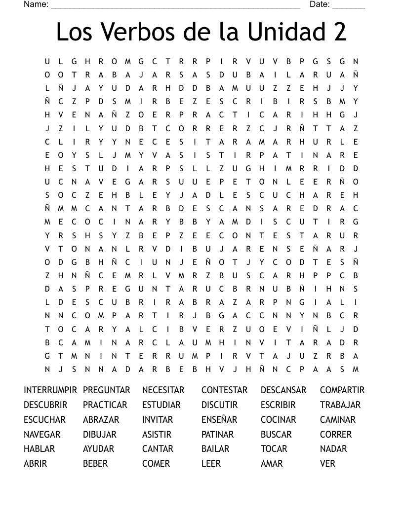 Los Verbos de la Unidad 2 Word Search