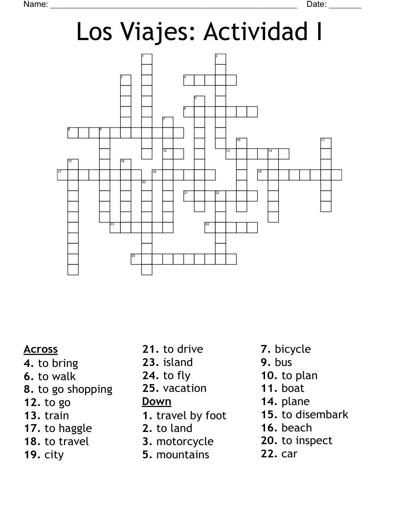Los Viajes: Actividad I Crossword