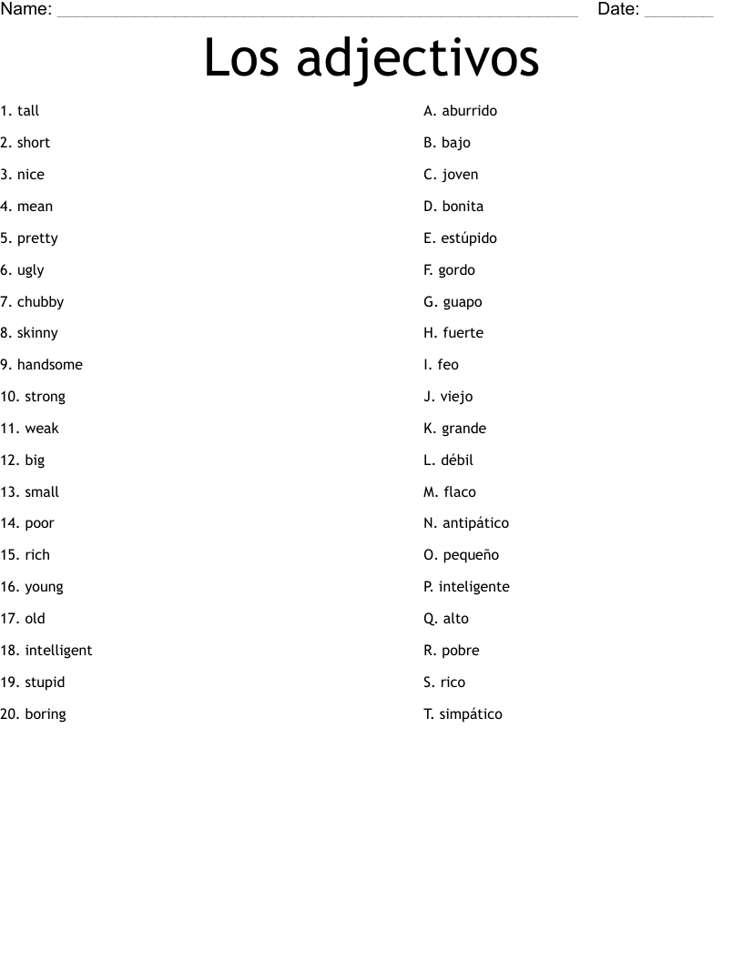 Los adjectivos Worksheet
