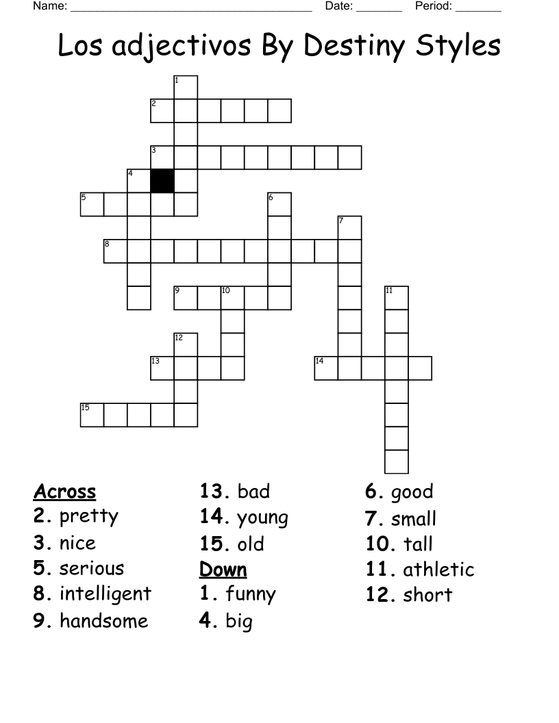 Los adjectivos By Destiny Styles Crossword