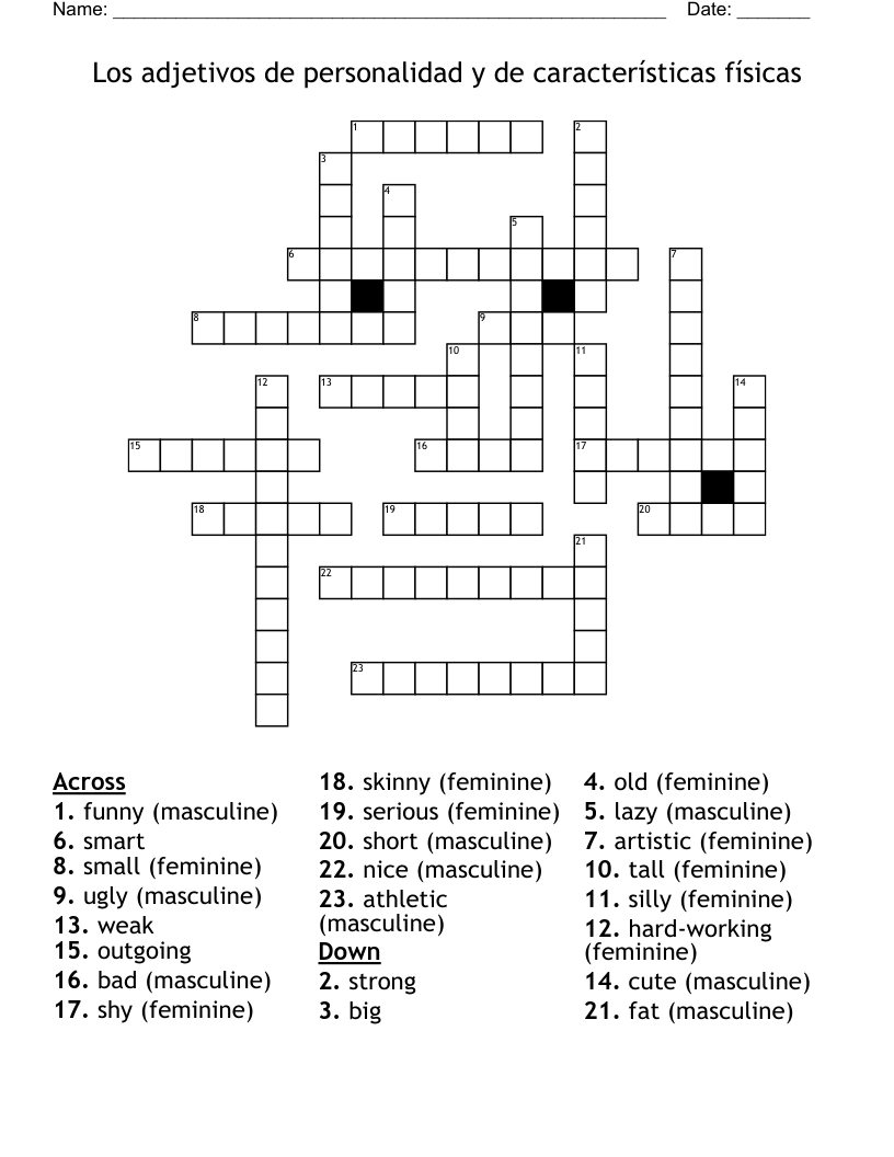 Los adjetivos de personalidad y de características físicas Crossword