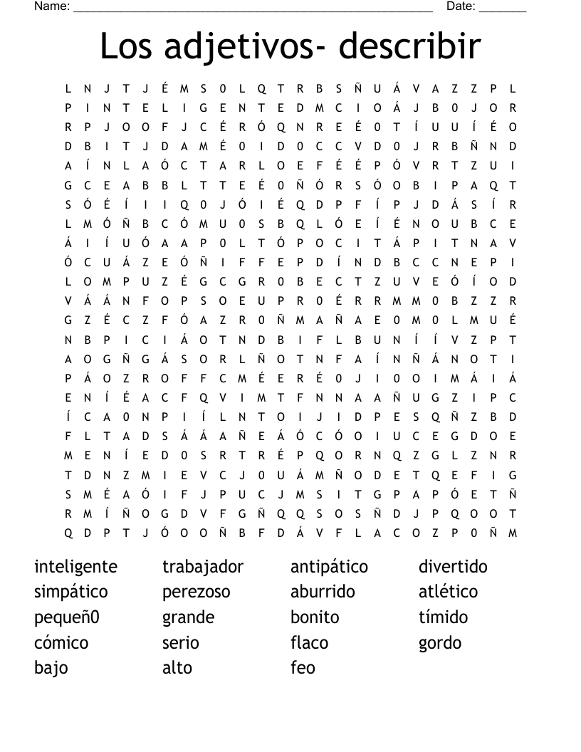 Los adjetivos- describir Word Search