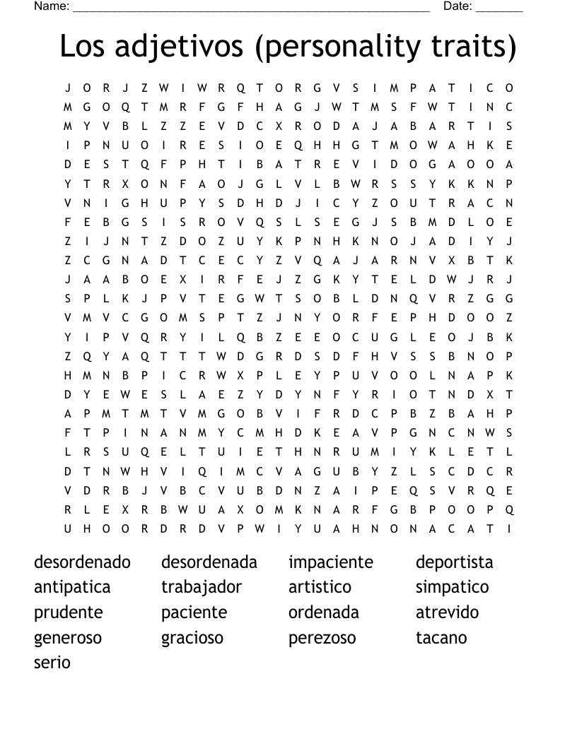 Los adjetivos (personality traits) Word Search