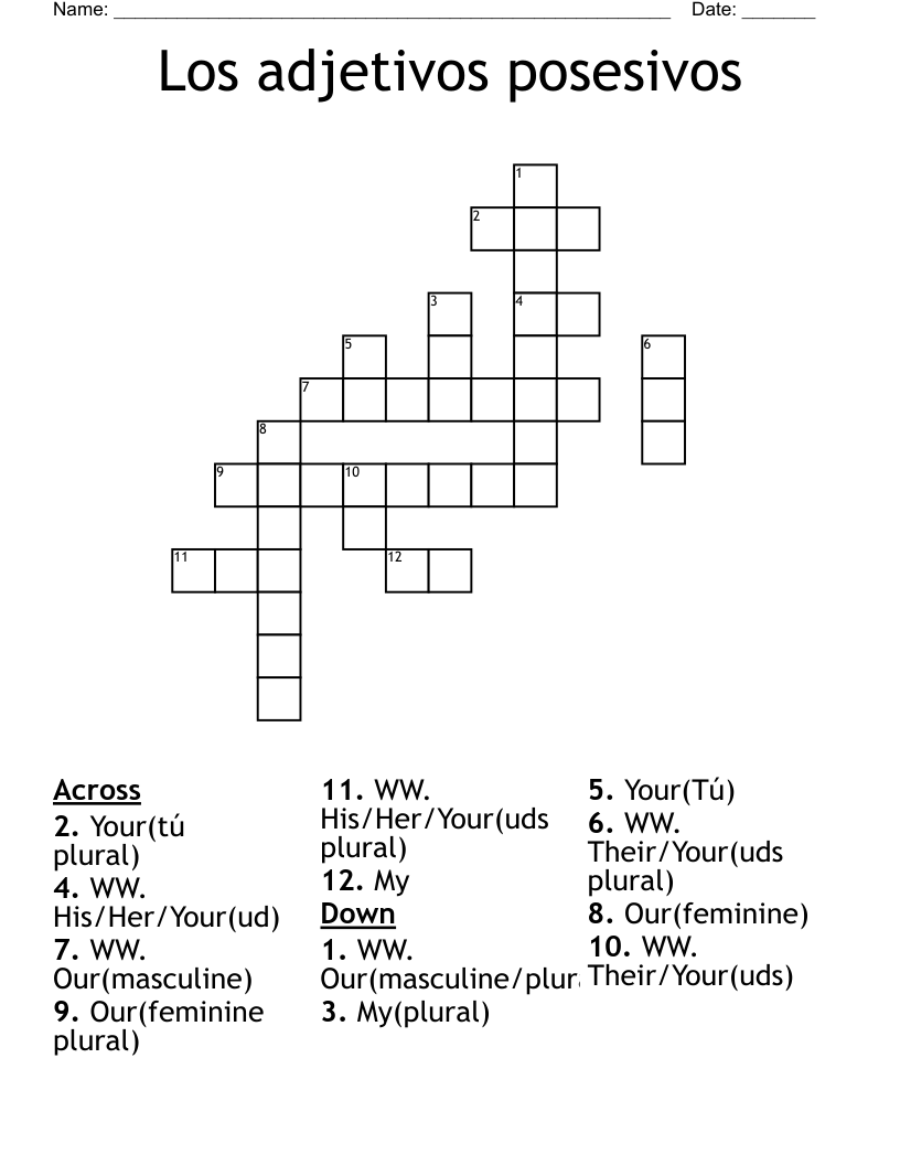 Los adjetivos posesivos Crossword