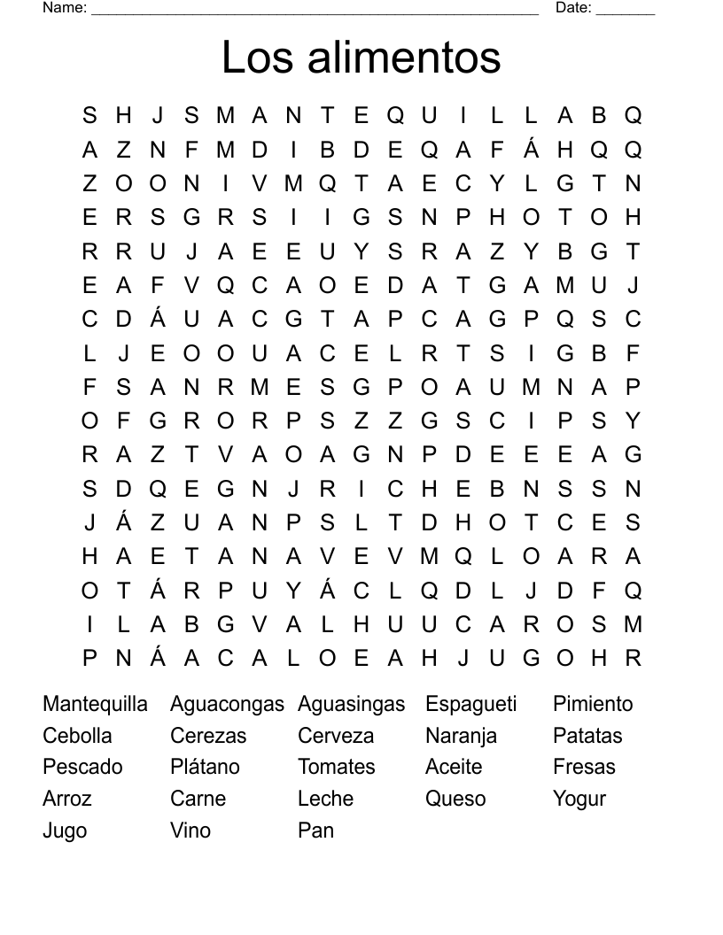 Los alimentos Word Search