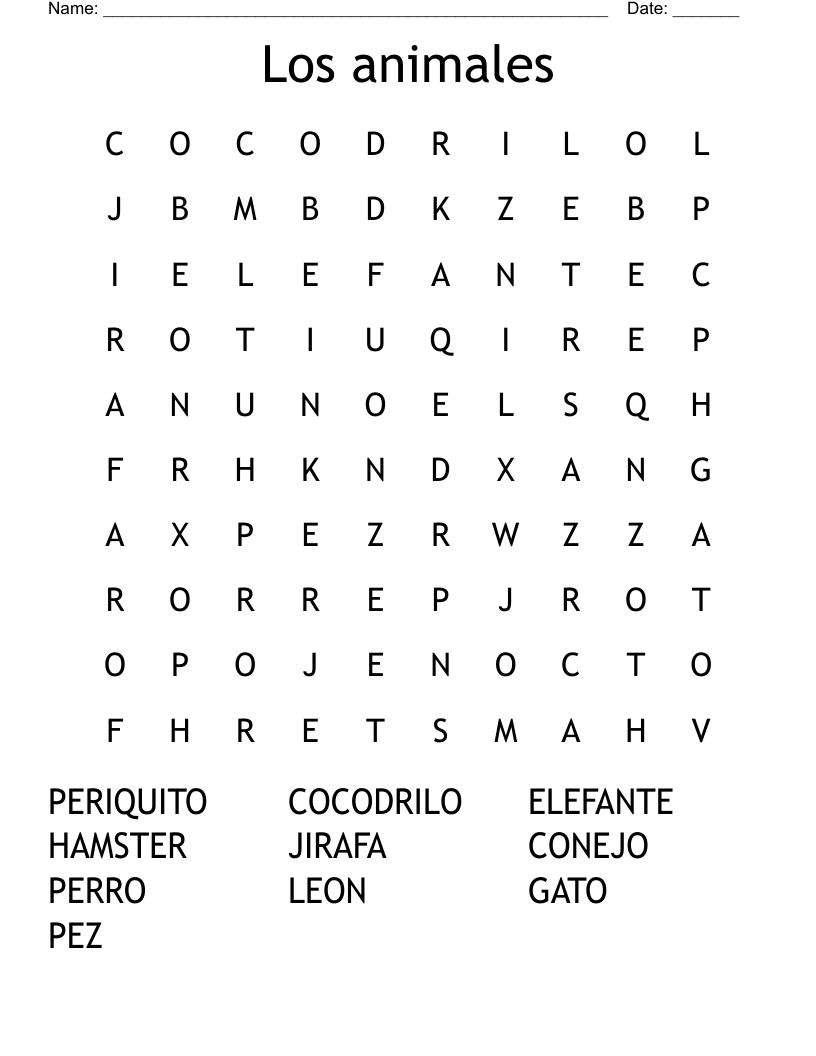 Los animales Word Search
