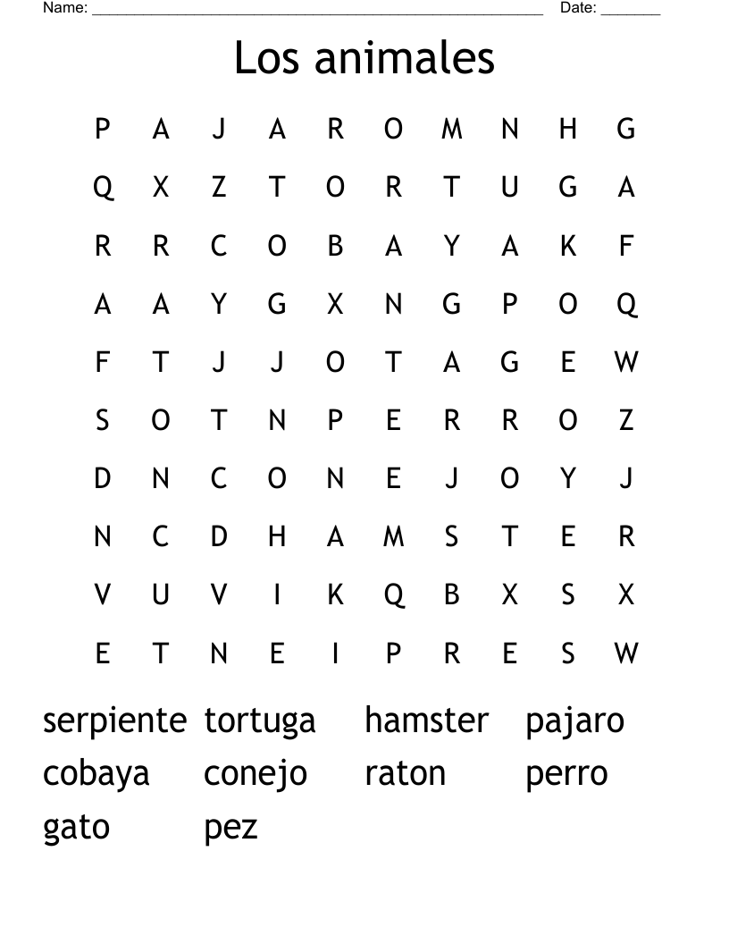 Los animales Word Search