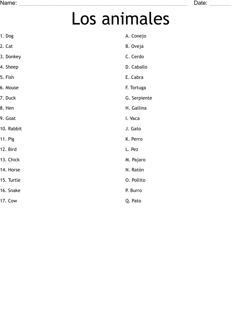 Los animales Worksheet