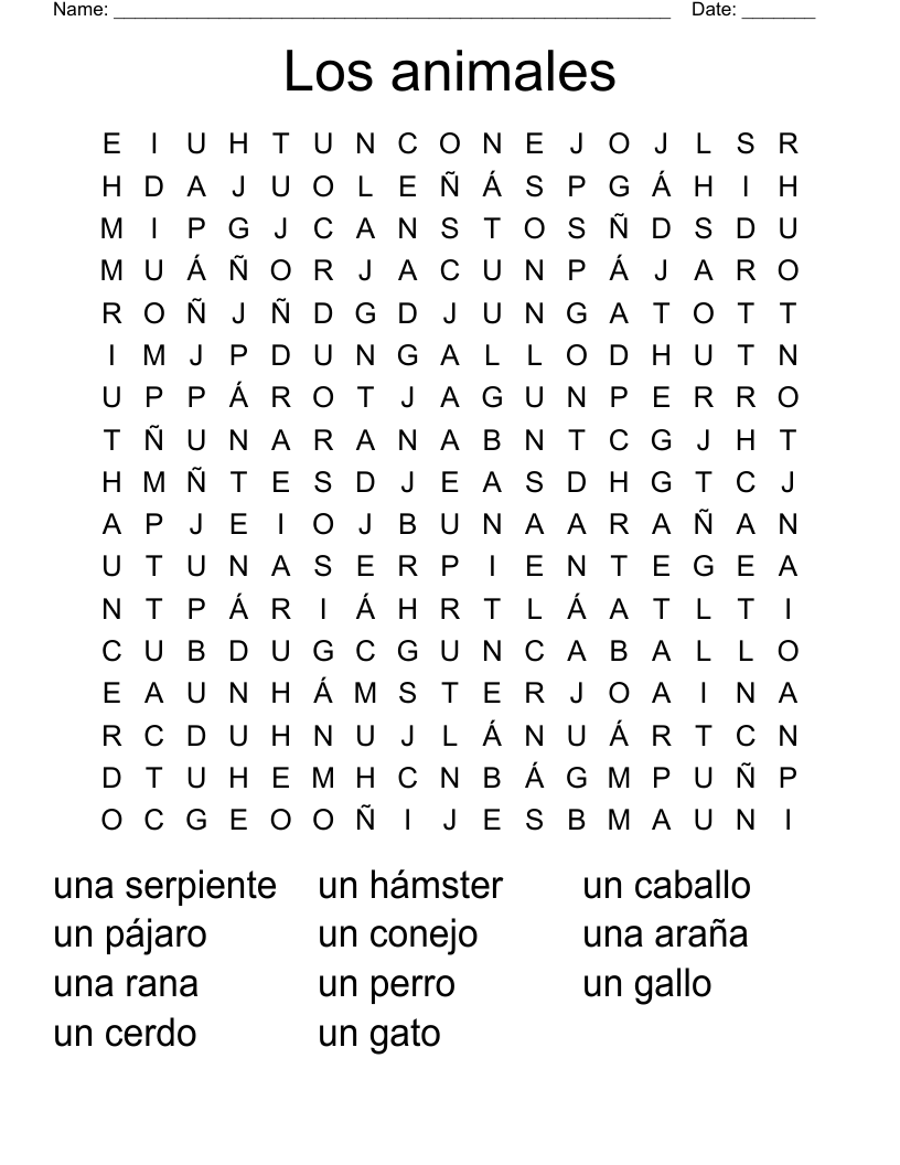 Los animales Word Search