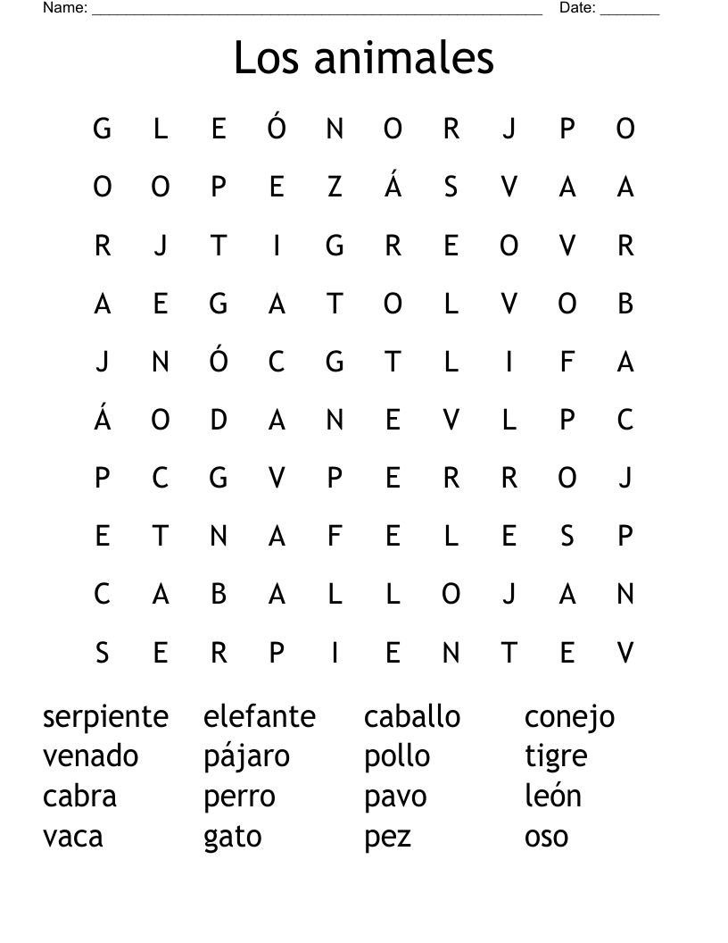Los animales Word Search
