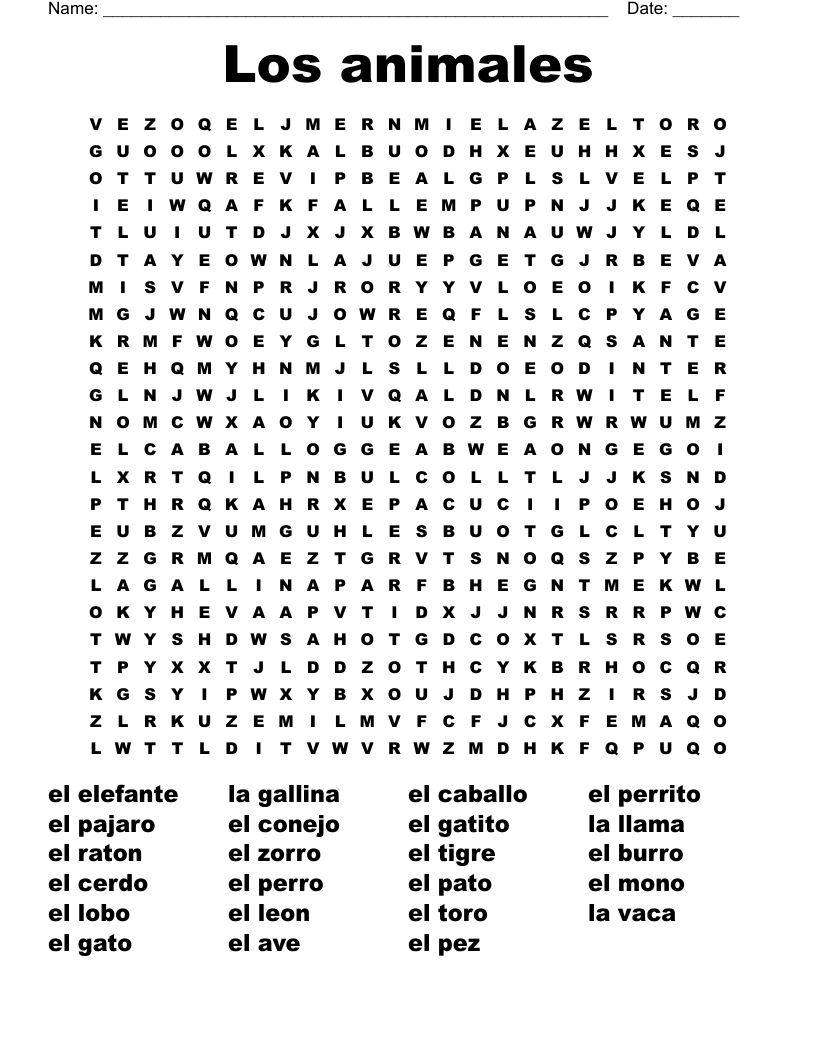 Los animales  Word Search
