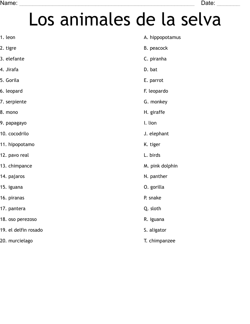 Los animales de la selva Worksheet