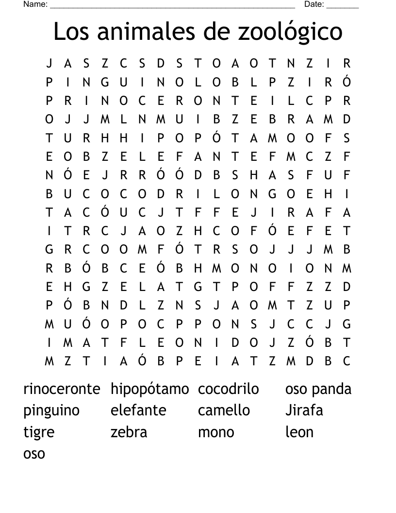 Los animales de zoológico  Word Search
