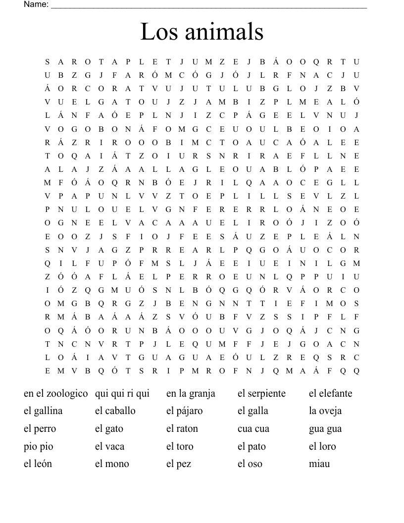 Los animals Word Search