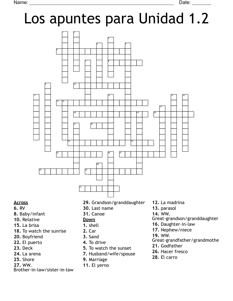 Los apuntes para Unidad 1.2 Crossword