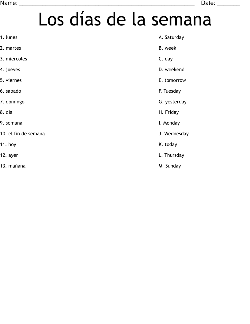 Los días de la semana Worksheet