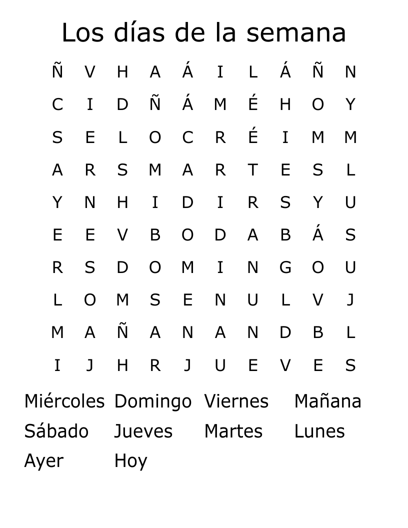 Los días de la semana Word Search