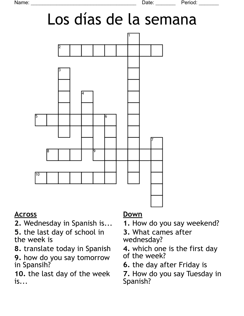 Los días de la semana Crossword