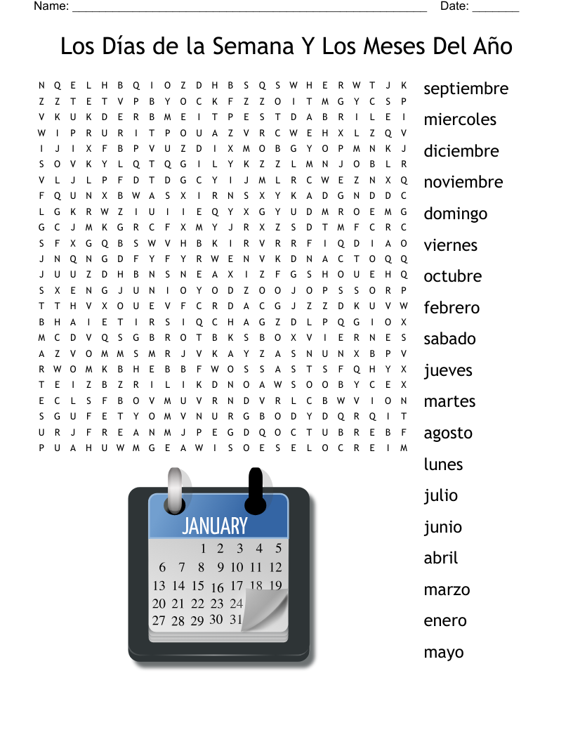 Los Días de la Semana Y Los Meses Del Año Word Search