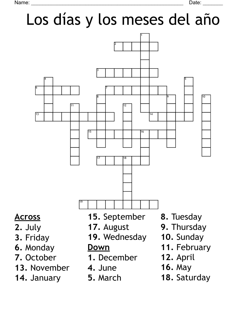 Los días y los meses del año Crossword
