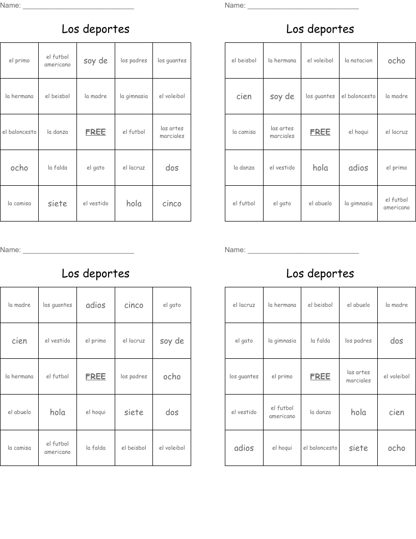 Los deportes Bingo Cards