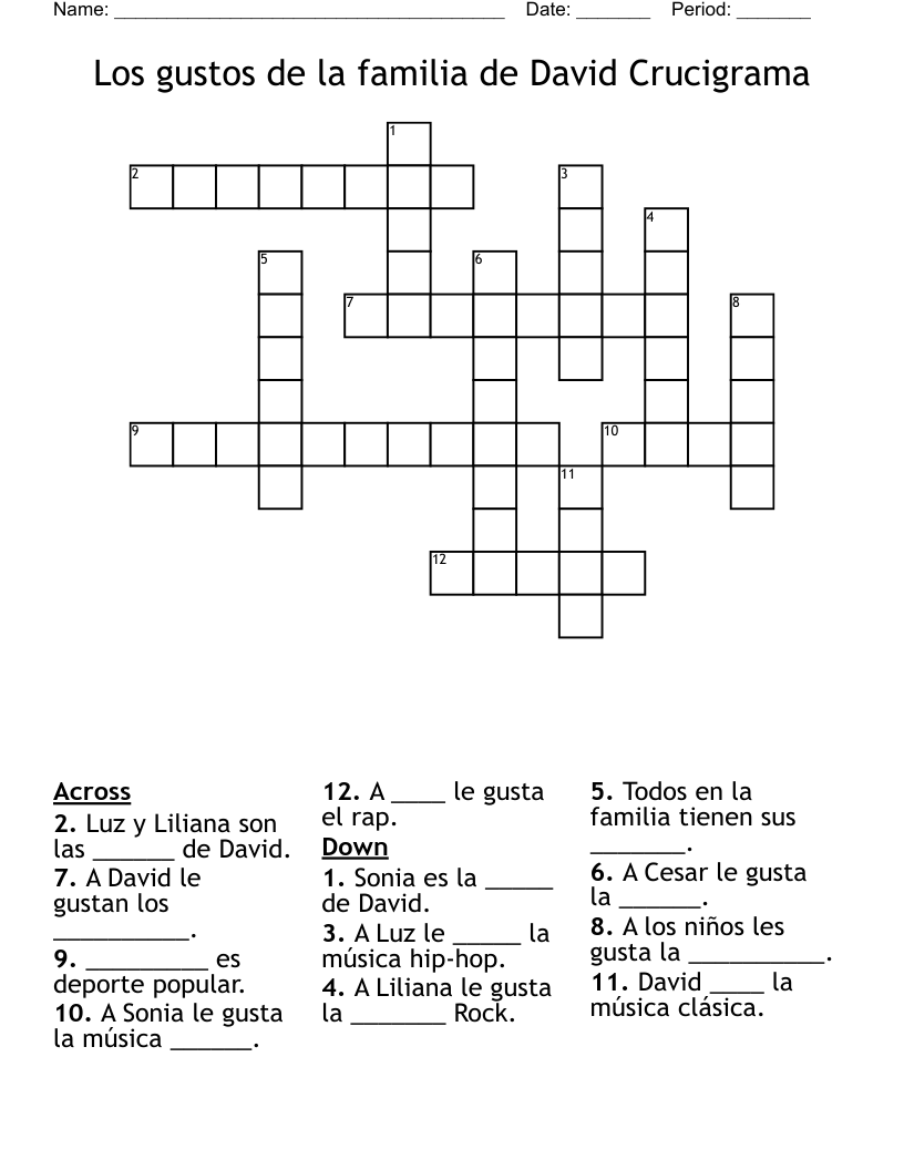 Los gustos de la familia de David Crucigrama Crossword