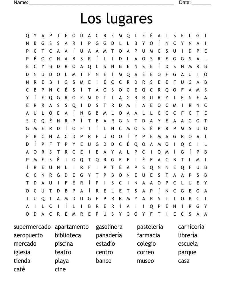 Los lugares Word Search