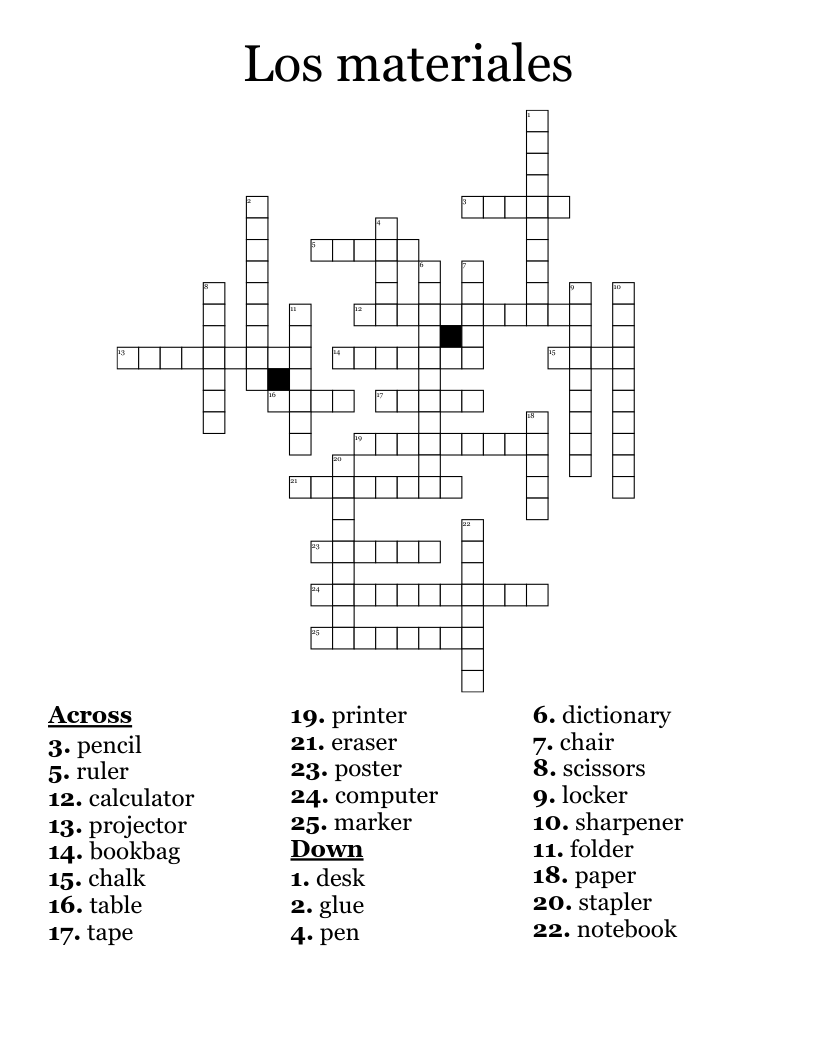 Los materiales  Crossword