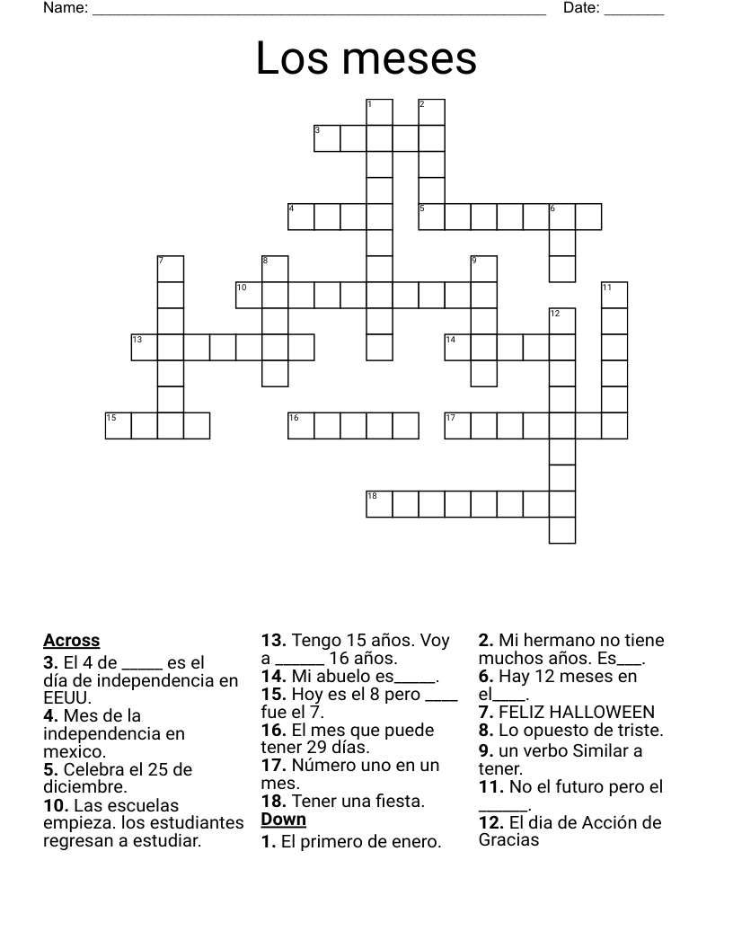 Los meses Crossword