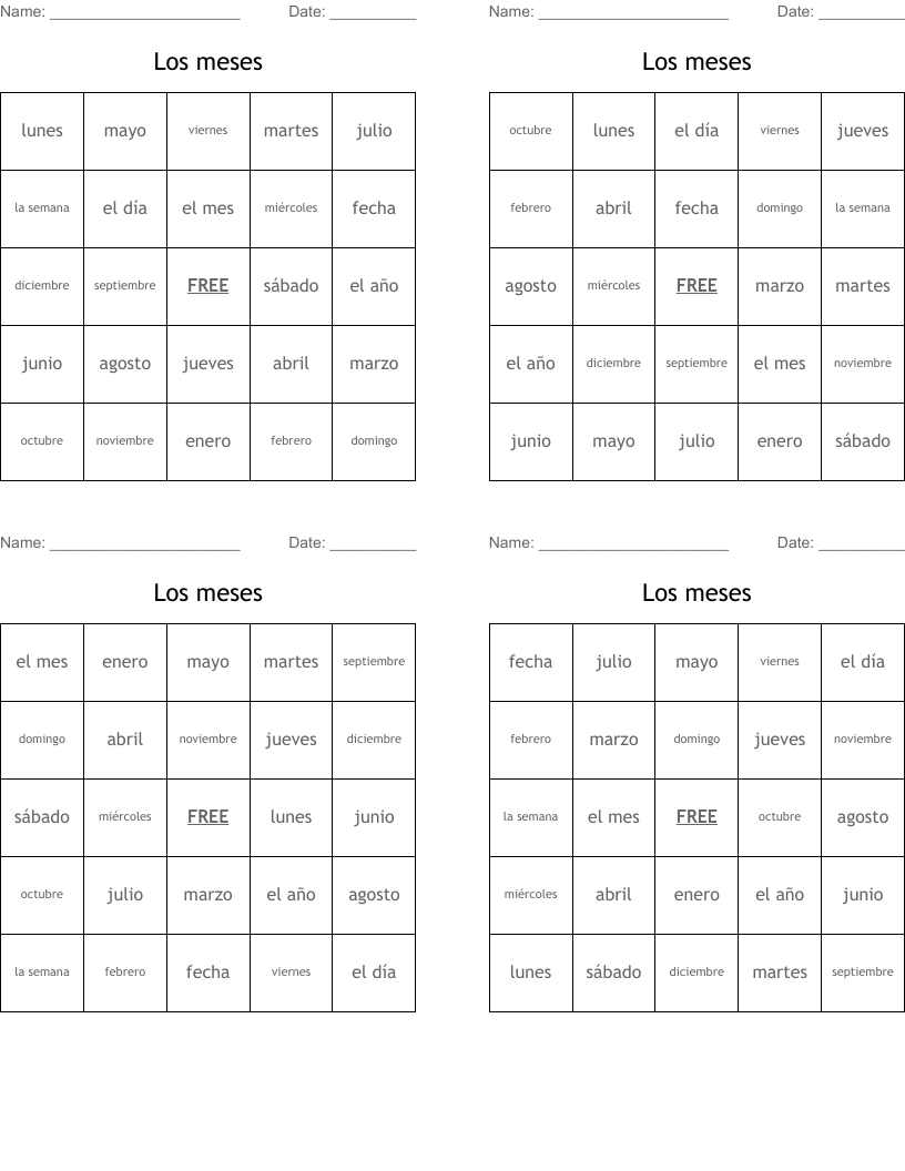 Los meses Bingo Cards