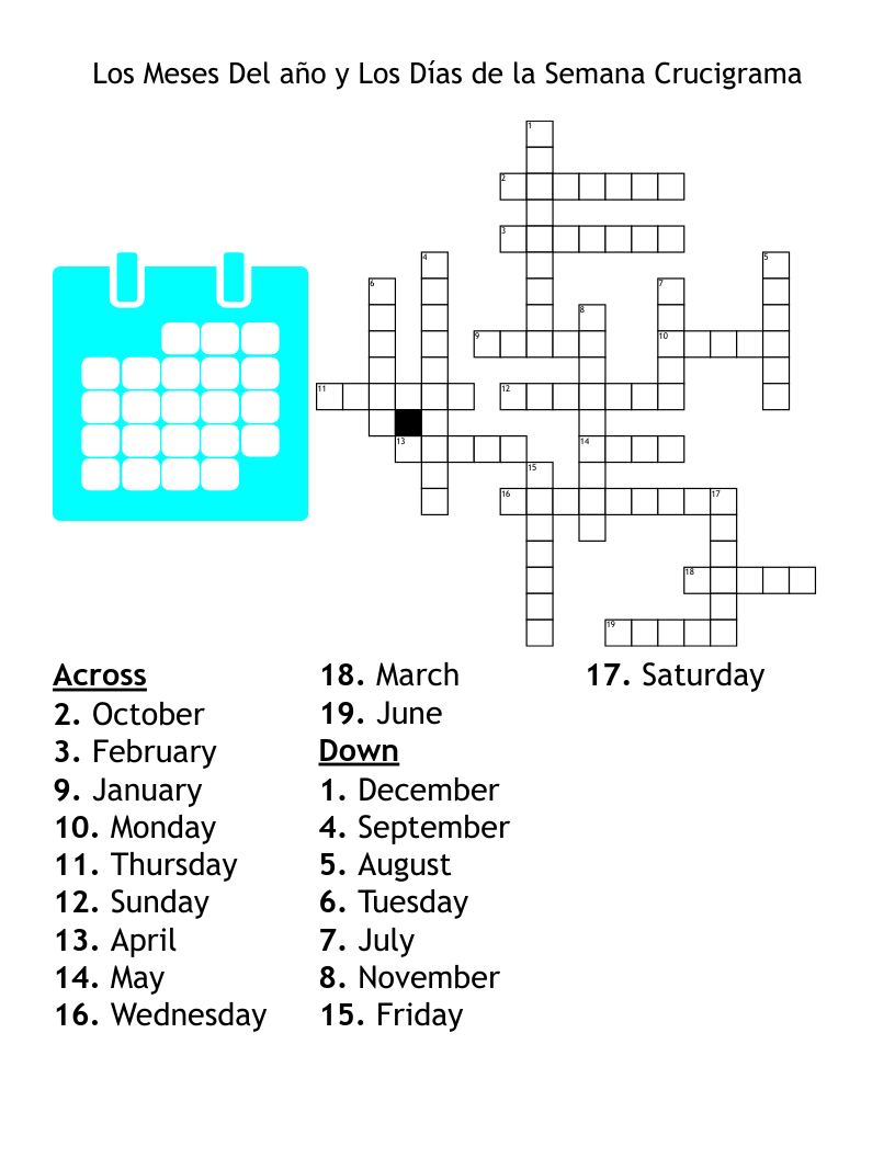 Los Meses Del año y Los Días de la Semana Crucigrama Crossword