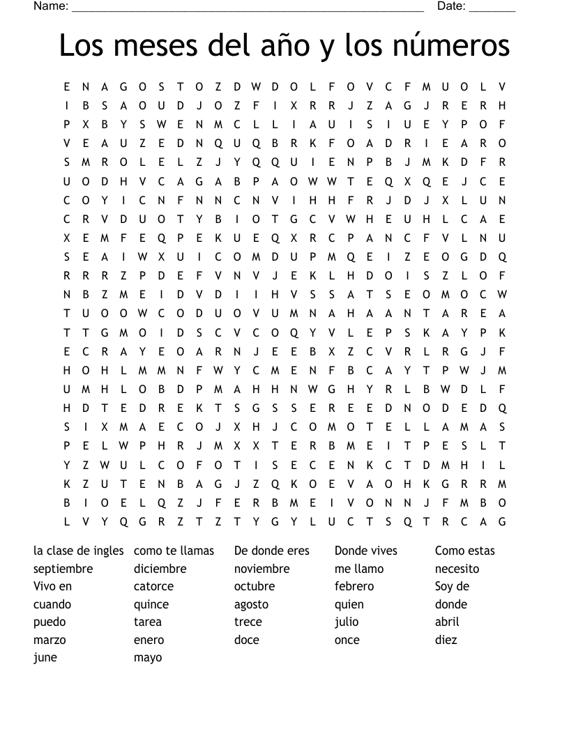 Los meses del año y los números Word Search