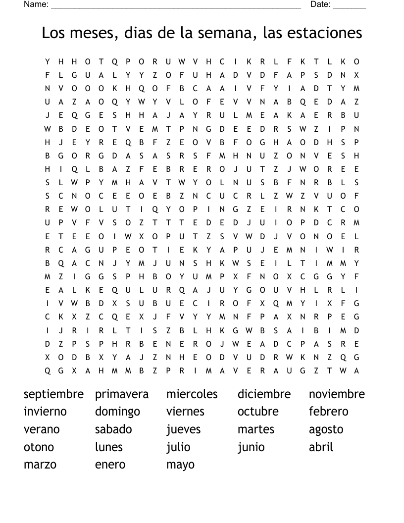 Los meses, dias de la semana, las estaciones Word Search