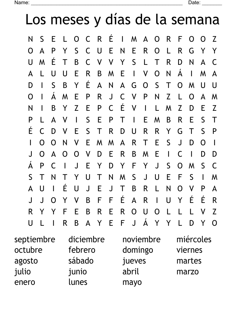 Los meses y días de la semana Word Search