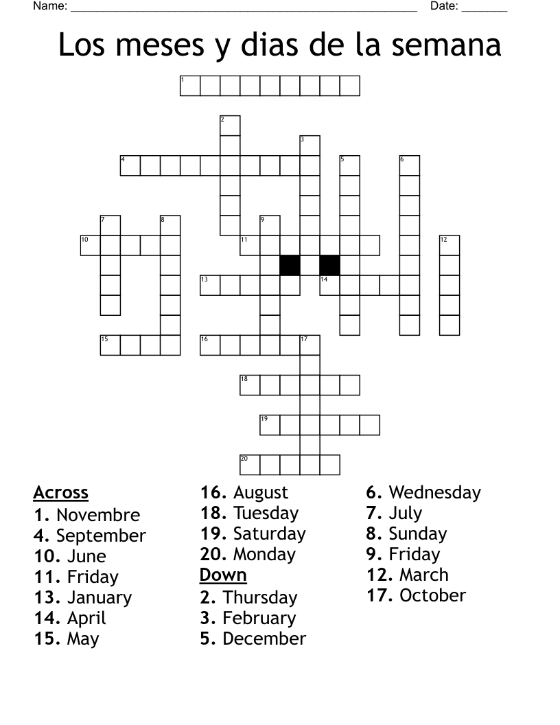 Los meses y dias de la semana Crossword