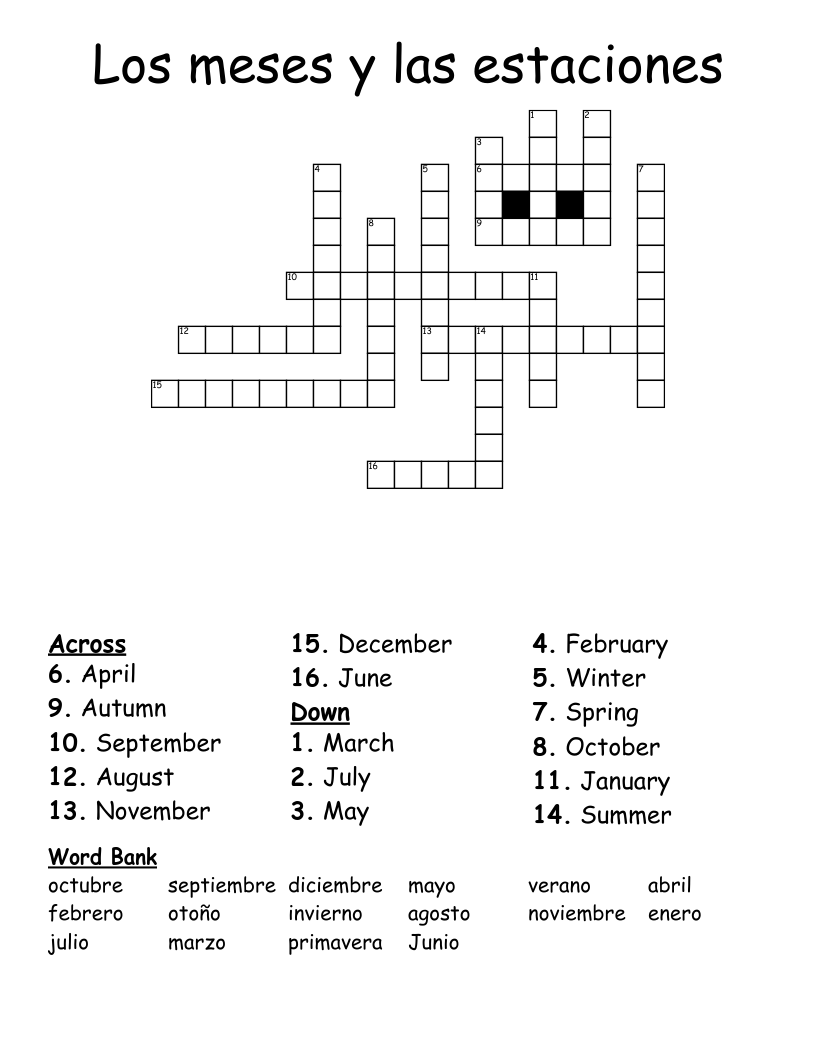 Los meses y las estaciones Crossword