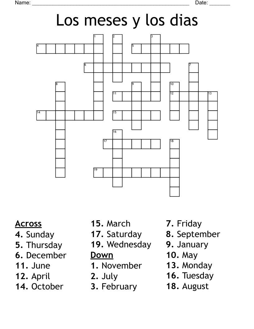 Los meses y los dias Crossword