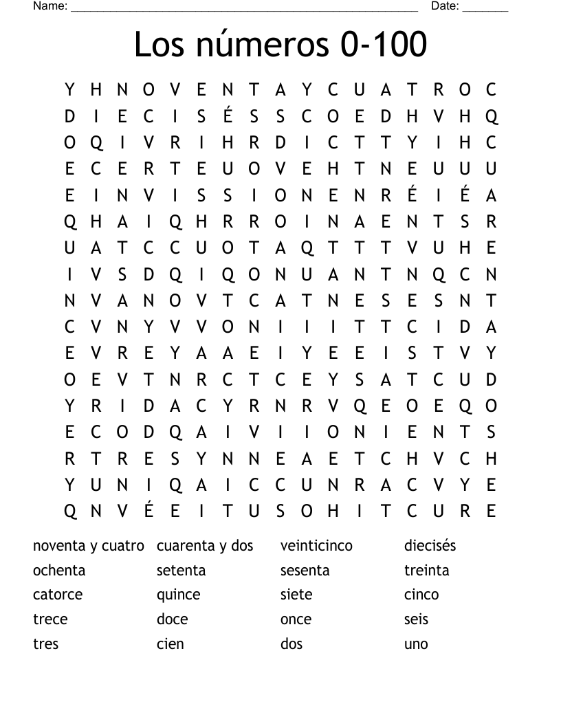Los números 0-100 Word Search
