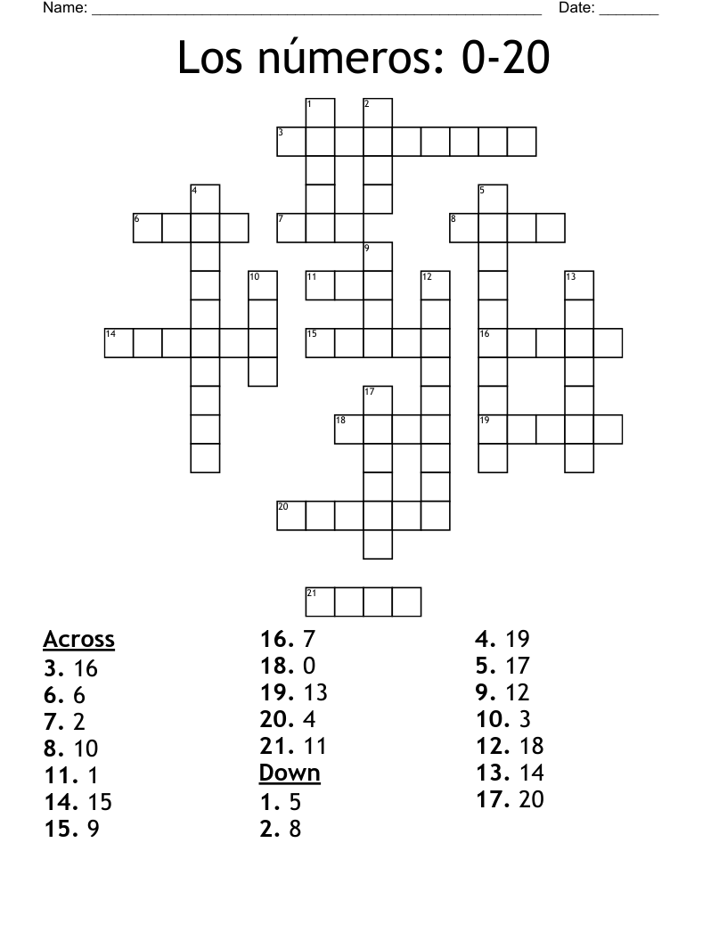 Los números: 0-20 Crossword